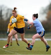 10 March 2018; Aishling Moloney of DCU in action against Nicola Ward of UCD during the Gourmet Food Parlour HEC O'Connor Cup semi-final match between Dublin City University and University College Dublin at IT Blanchardstown in Blanchardstown, Dublin. Photo by David Fitzgerald/Sportsfile