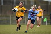10 March 2018; Niamh Kelly of DCU in action against Martha Byrne of UCD during the Gourmet Food Parlour HEC O'Connor Cup semi-final match between Dublin City University and University College Dublin at IT Blanchardstown in Blanchardstown, Dublin. Photo by David Fitzgerald/Sportsfile