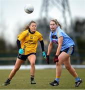10 March 2018; Sarah Rowe of DCU in action against Sarah Gormally of UCD during the Gourmet Food Parlour HEC O'Connor Cup semi-final match between Dublin City University and University College Dublin at IT Blanchardstown in Blanchardstown, Dublin. Photo by David Fitzgerald/Sportsfile