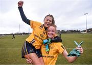 10 March 2018; Sarah Rowe of DCU, left, and team mate Aishling Moloney celebrate following their side's victory in the Gourmet Food Parlour HEC O'Connor Cup semi-final match between Dublin City University and University College Dublin at IT Blanchardstown in Blanchardstown, Dublin. Photo by David Fitzgerald/Sportsfile