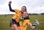 10 March 2018; Sarah Rowe of DCU, left, and team mate Aishling Moloney celebrate following their side's victory in the Gourmet Food Parlour HEC O'Connor Cup semi-final match between Dublin City University and University College Dublin at IT Blanchardstown in Blanchardstown, Dublin. Photo by David Fitzgerald/Sportsfile