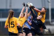 10 March 2018; Karen McGrath of UCD competes a high ball against DCU players, from left, Katie Murray, Deirdre Geaney and Emer Ní Eafa during the Gourmet Food Parlour HEC O'Connor Cup semi-final match between Dublin City University and University College Dublin at IT Blanchardstown in Blanchardstown, Dublin. Photo by David Fitzgerald/Sportsfile