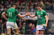 10 March 2018; Jacob Stockdale of Ireland celebrates with team-mate Jonathan Sexton after scoring their side's first try during the NatWest Six Nations Rugby Championship match between Ireland and Scotland at the Aviva Stadium in Dublin. Photo by Brendan Moran/Sportsfile