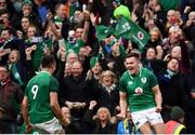 10 March 2018; Jacob Stockdale of Ireland celebrates with Conor Murray after scoring his side's second try during the NatWest Six Nations Rugby Championship match between Ireland and Scotland at the Aviva Stadium in Dublin. Photo by Ramsey Cardy/Sportsfile