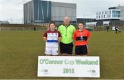 10 March 2018; Referee Keith Delahunty with team captains Laurie Ryan of UL anf Marie Ambrose of UCC  during the Gourmet Food Parlour HEC O'Connor Cup semi-final match between University of Limerick and University College Cork at IT Blanchardstown in Blanchardstown, Dublin. Photo by Piaras Ó Mídheach/Sportsfile