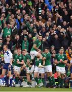 10 March 2018; Ireland players and supporters celebrate after Sean Cronin scored their side's fourth try during the NatWest Six Nations Rugby Championship match between Ireland and Scotland at the Aviva Stadium in Dublin. Photo by Brendan Moran/Sportsfile