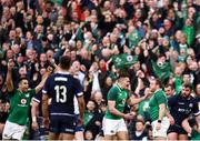 10 March 2018; Sean Cronin, right, celebrates with his Ireland team-mates Jacob Stockdale and Conor Murray, left, after scoring his side's fourth try during the NatWest Six Nations Rugby Championship match between Ireland and Scotland at the Aviva Stadium in Dublin. Photo by Stephen McCarthy/Sportsfile