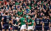 10 March 2018; Sean Cronin, right, is congratulated by his Ireland team-mates Conor Murray, top, and Jacob Stockdale, 11, after scoring his side's fourth try during the NatWest Six Nations Rugby Championship match between Ireland and Scotland at the Aviva Stadium in Dublin. Photo by Stephen McCarthy/Sportsfile
