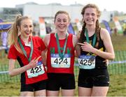 10 March 2018; Sarah Healy, centre, of Holy Child Killiney, Co Dublin, after winning the senior girls 2500m with second place Abbie Taylor, left, of Wesley College Dublin and third place Niamh Ni Chiardha, right, of Colaiste Losagain Dublin during the Irish Life Health All Ireland Schools Cross Country at Waterford IT in Waterford. Photo by Matt Browne/Sportsfile