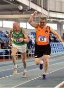 10 March 2018; Jim Harris of Orangegrove AC, Belfast, celebrates after crossing the finish line ahead of Michael Kiely of Rising Sun A.C., Co Cork, during the M70 800m during the Irish Life Health National Masters Indoor Championships at Athlone IT in Athlone, Co Westmeath. Photo by Sam Barnes/Sportsfile