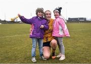 10 March 2018; Lauren Magee of DCU celebrates with her sisters Neasa, left, age 7 and Daisy, age 5, following her side's victory in the Gourmet Food Parlour HEC O'Connor Cup semi-final match between Dublin City University and University College Dublin at IT Blanchardstown in Blanchardstown, Dublin. Photo by David Fitzgerald/Sportsfile