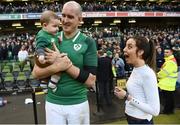 10 March 2018; Devin Toner of Ireland with with his son Max, age 5 months, and wife Mary following the NatWest Six Nations Rugby Championship match between Ireland and Scotland at the Aviva Stadium in Dublin. Photo by Stephen McCarthy/Sportsfile