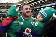 10 March 2018; Sean Cronin of Ireland with his children Cillian and Finn following the NatWest Six Nations Rugby Championship match between Ireland and Scotland at the Aviva Stadium in Dublin. Photo by Stephen McCarthy/Sportsfile