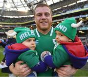 10 March 2018; Sean Cronin of Ireland with his sons Cillian and Finn after the NatWest Six Nations Rugby Championship match between Ireland and Scotland at the Aviva Stadium in Dublin. Photo by Brendan Moran/Sportsfile