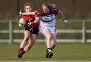 10 March 2018; Libby Coppinger of UCC in action against Louise Ward of UL during the Gourmet Food Parlour HEC O'Connor Cup semi-final match between University of Limerick and University College Cork at IT Blanchardstown in Blanchardstown, Dublin. Photo by Piaras Ó Mídheach/Sportsfile
