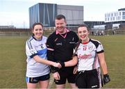 10 March 2018; Referee Kevin O'Brien with UUJ captain Racheal Jordan, left, and Sligo IT captain Sheila Brady prior to the Gourmet Food Parlour HEC Lynch Cup Final match between University of Ulster Jordanstown and Institute of Technology Sligo at IT Blanchardstown in Blanchardstown, Dublin. Photo by David Fitzgerald/Sportsfile