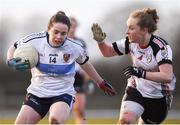 10 March 2018; Grainne Rafferty of UUJ in action against Avril Noone of IT Sligo during the Gourmet Food Parlour HEC Lynch Cup Final match between University of Ulster Jordanstown and Institute of Technology Sligo at IT Blanchardstown in Blanchardstown, Dublin. Photo by David Fitzgerald/Sportsfile