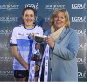 10 March 2018; LGFA President Marie Hickey presents UUJ captain Racheal Jordan with the trophy following their side's victory in the Gourmet Food Parlour HEC Lynch Cup Final match between University of Ulster Jordanstown and Institute of Technology Sligo at IT Blanchardstown in Blanchardstown, Dublin. Photo by David Fitzgerald/Sportsfile