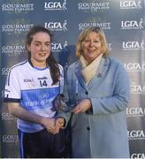 10 March 2018; LGFA President Marie Hickey presents Grainne Rafferty of UUJ with the MVP award following the Gourmet Food Parlour HEC Lynch Cup Final match between University of Ulster Jordanstown and Institute of Technology Sligo at IT Blanchardstown in Blanchardstown, Dublin. Photo by David Fitzgerald/Sportsfile
