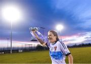 10 March 2018; UUJ captain Racheal Jordan celebrates with the trophy following their side's victory in the Gourmet Food Parlour HEC Lynch Cup Final match between University of Ulster Jordanstown and Institute of Technology Sligo at IT Blanchardstown in Blanchardstown, Dublin. Photo by David Fitzgerald/Sportsfile