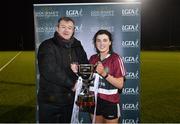 10 March 2018; Con Moynihan, National Development Officer, LGFA, presents the cup to St Mary's Belfast captain Aine McAlister after the Gourmet Food Parlour HEC Moynihan Cup Final match between St Mary's Belfast and Institute of Technology Tralee at the GAA National Games Development Centre in Abbotstown, Dublin. Photo by Piaras Ó Mídheach/Sportsfile
