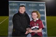 10 March 2018; Con Moynihan, National Development Officer, LGFA, presents the Player of the Match Award to Roisin Devlin of St Mary's Belfast after the Gourmet Food Parlour HEC Moynihan Cup Final match between St Mary's Belfast and Institute of Technology Tralee at the GAA National Games Development Centre in Abbotstown, Dublin. Photo by Piaras Ó Mídheach/Sportsfile