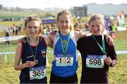 10 March 2018; Maeve Gallagher of St Josephs Castlebar, Co Mayo, after winning the intermediate girls 3500m with second place Holly Brennan, left, from Sacred Heart Drogheda Co Louth and third place Niamh O'Mahony, right, from Presentation Tralee Co Kerry during the Irish Life Health All Ireland Schools Cross Country at Waterford IT in Waterford. Photo by Matt Browne/Sportsfile