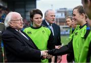 11 March 2018; President of Ireland, Michael D. Higgins greets players prior to the Women's Six Nations Rugby Championship match between Ireland and Scotland at Donnybrook Stadium in Dublin. Photo by David Fitzgerald/Sportsfile