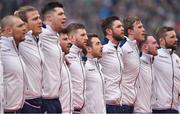10 March 2018; Greig Laidlaw of Scotland and his team-mates stand for the national anthem prior to the NatWest Six Nations Rugby Championship match between Ireland and Scotland at the Aviva Stadium in Dublin. Photo by Brendan Moran/Sportsfile