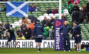10 March 2018; A Scottish flag hangs from the goalposts as Scotland head coach Gregor Townsend, 2nd from right, looks on prior to the NatWest Six Nations Rugby Championship match between Ireland and Scotland at the Aviva Stadium in Dublin. Photo by Brendan Moran/Sportsfile