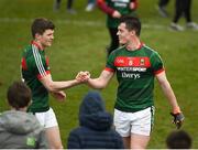 11 March 2018; Stephen Coen, right, and Eoin O'Donoghue of Mayo celebrate after the Allianz Football League Division 1 Round 5 match between Kildare and Mayo at St Conleth's Park in Newbridge, Kildare. Photo by Daire Brennan/Sportsfile