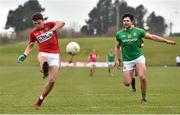 11 March 2018; Mark Collins of Cork scores a point despite the attention of Ben Brennan of Meath during the Allianz Football League Division 2 Round 5 match between Meath and Cork at Páirc Tailteann in Navan, Co Meath. Photo by Oliver McVeigh/Sportsfile