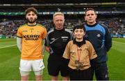 11 March 2018: Allianz Dublin Primary Whistler Seán Hain, St. Paul’s NS, Navan, with referee Ciaran Branagan and team captains Shane Murphy of Kerry and Stephen Cluxton of Dublin prior to the Allianz Football League Division 1 Round 5 match between Dublin and Kerry at Croke Park in Dublin. Photo by Stephen McCarthy/Sportsfile