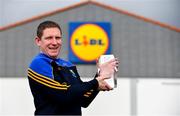 12 March 2018; The Lidl/Irish Daily Star Manager of the Month for February was announced today as Mick O'Rourke from Wicklow. Under Mick's guidance, Wicklow boast a 100 per cent record to date in Division 4 of the 2018 Lidl Ladies National Football League. Pictured is Mick O'Rourke with his award at Lidl in Naas. Photo by Sam Barnes/Sportsfile