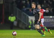 12 March 2018; Aaron McEneff of Derry City in action against Christy Fagan of St Patrick's Athletic  during the SSE Airtricity League Premier Division match between St Patrick's Athletic and Dundalk at Richmond Park in Dublin. Photo by Eóin Noonan/Sportsfile