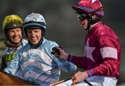 13 March 2018; Jockey Noel Fehily, left, is congratulated by Jack Kennedy, right, after riding Summerville Boy to victory during the Sky Bet Supreme Novices’ Hurdle Race on Day One of the Cheltenham Racing Festival at Prestbury Park in Cheltenham, England. Photo by Seb Daly/Sportsfile