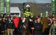 13 March 2018; Jockey Barry Geraghty, celebrates after winning The UniBet Champion Hurdle Challenge Trophy on Buveur D'air, on Day One of the Cheltenham Racing Festival at Prestbury Park in Cheltenham, England. Photo by Ramsey Cardy/Sportsfile