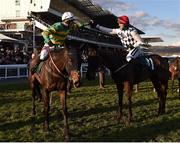 13 March 2018; Jockey Patrick Mullins, right, is congratulated by Derek O'Connor, left, on No Comment, after winning the National Hunt Steeple Chase Challenge Cup on Rathvinden during Day One of the Cheltenham Racing Festival at Prestbury Park in Cheltenham, England. Photo by Seb Daly/Sportsfile