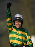 13 March 2018; Jockey Barry Geraghty, celebrates after winning The UniBet Champion Hurdle Challenge Trophy on Buveur D'air, on Day One of the Cheltenham Racing Festival at Prestbury Park in Cheltenham, England.  Photo by Ramsey Cardy/Sportsfile