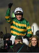 13 March 2018; Jockey Barry Geraghty celebrates after winning The UniBet Champion Hurdle Challenge Trophy on Buveur D'air, on Day One of the Cheltenham Racing Festival at Prestbury Park in Cheltenham, England.  Photo by Ramsey Cardy/Sportsfile