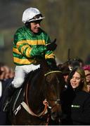 13 March 2018; Jockey Barry Geraghty, celebrates after winning The UniBet Champion Hurdle Challenge Trophy on Buveur D'air, on Day One of the Cheltenham Racing Festival at Prestbury Park in Cheltenham, England.  Photo by Ramsey Cardy/Sportsfile