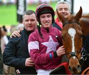 14 March 2018; Jockey Jack Kennedy, centre, with trainer Gordon Elliott, left, and owner Michael O'Leary after winning the Ballymore Novices’ Hurdle with Samcro on Day Two of the Cheltenham Racing Festival at Prestbury Park in Cheltenham, England. Photo by Seb Daly/Sportsfile