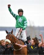 14 March 2018; Jockey Davy Russell celebrates as he enters the winners' enclosure after winning the RSA Steeple Chase on Presenting Percy on Day Two of the Cheltenham Racing Festival at Prestbury Park in Cheltenham, England. Photo by Seb Daly/Sportsfile