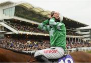 14 March 2018; Jockey Davy Russell celebrates winning the RSA Steeple Chase on Presenting Percy on Day Two of the Cheltenham Racing Festival at Prestbury Park in Cheltenham, England. Photo by Ramsey Cardy/Sportsfile