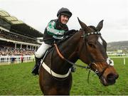 14 March 2018; Jockey Nico de Boinville, celebrates winning The Betway Queen Mother Champion Steeple Chase on Altior on Day Two of the Cheltenham Racing Festival at Prestbury Park in Cheltenham, England. Photo by Ramsey Cardy/Sportsfile