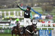 14 March 2018; Jockey Nico de Boinville celebrates after winning The Betway Queen Mother Champion Steeple Chase on Altior on Day Two of the Cheltenham Racing Festival at Prestbury Park in Cheltenham, England. Photo by Ramsey Cardy/Sportsfile