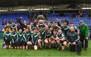 14 March 2018: Gorey Community School captain Shane Stokes lifts the McMullan Cup as his team-mates celebrate after the McMullan Cup Final match between Gorey Community School and Dundalk Grammar at Donnybrook Stadium in Dublin. Photo by Matt Browne/Sportsfile