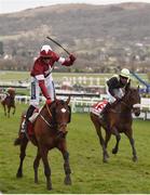 14 March 2018; Jockey Keith Donoghue celebrates as he crosses the line to win the Glenfarclas Steeple Chase on Tiger Roll on Day Two of the Cheltenham Racing Festival at Prestbury Park in Cheltenham, England. Photo by Seb Daly/Sportsfile