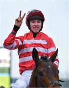 14 March 2018; Jockey Jack Kennedy celebrates after winning the Boodles Fred Winter Juvenile Handicap Hurdle on Veneer of Charm on Day Two of the Cheltenham Racing Festival at Prestbury Park in Cheltenham, England. Photo by Seb Daly/Sportsfile
