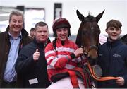 14 March 2018; Jockey Jack Kennedy with trainer Gordon Elliott, second left, after winning the Boodles Fred Winter Juvenile Handicap Hurdle with Veneer of Charm on Day Two of the Cheltenham Racing Festival at Prestbury Park in Cheltenham, England. Photo by Seb Daly/Sportsfile